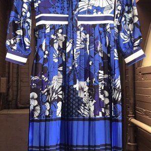 Dalia Macphee Floral Satin Pleated Dress, Size M, Royal Blue Tie-Neck